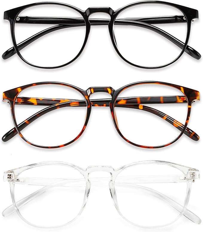 Przene 3 Pack Blue Light Blocking Glasses Women/Men,Retro Round Computer Glasses Anti Eye Strain/UV/Glare, Gaming Glasses. (Black/Crystal/Amber)