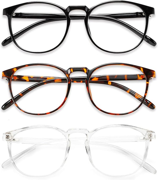 Przene 3 Pack Blue Light Blocking Glasses Women/Men,Retro Round Computer Glasses Anti Eye Strain/UV/Glare, Gaming Glasses. (Black/Crystal/Amber)