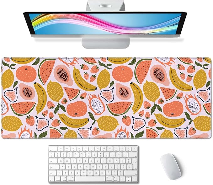 Fruit Desk Mat Yello Pink XL Mouse Pad Large Full Desk Mousepad Gaming Extended Keyboard Mouse Mat Desk Pad for Computer Laptop 31.5''X11.8'' Non-Slip Rubber Base with Stitched Edges