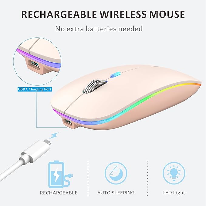 Uiosmuph LED Wireless Mouse, G12 Slim Rechargeable Silent Mouse, 2.4G Portable USB Optical Wireless Computer Mice with USB Receiver and Type C Adapter (Nude Pink)