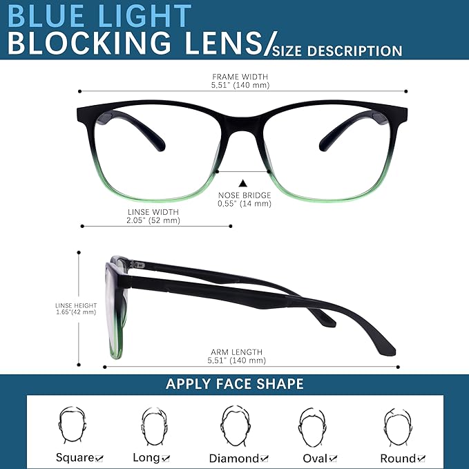 Oilway Blue-Light Blocking Glasses Computer Reading/Gaming/TV/Phones Glasses Fashion Anti Eyestrain Glasses for Women Men(E6 Black+Transparent+Gradient Green)