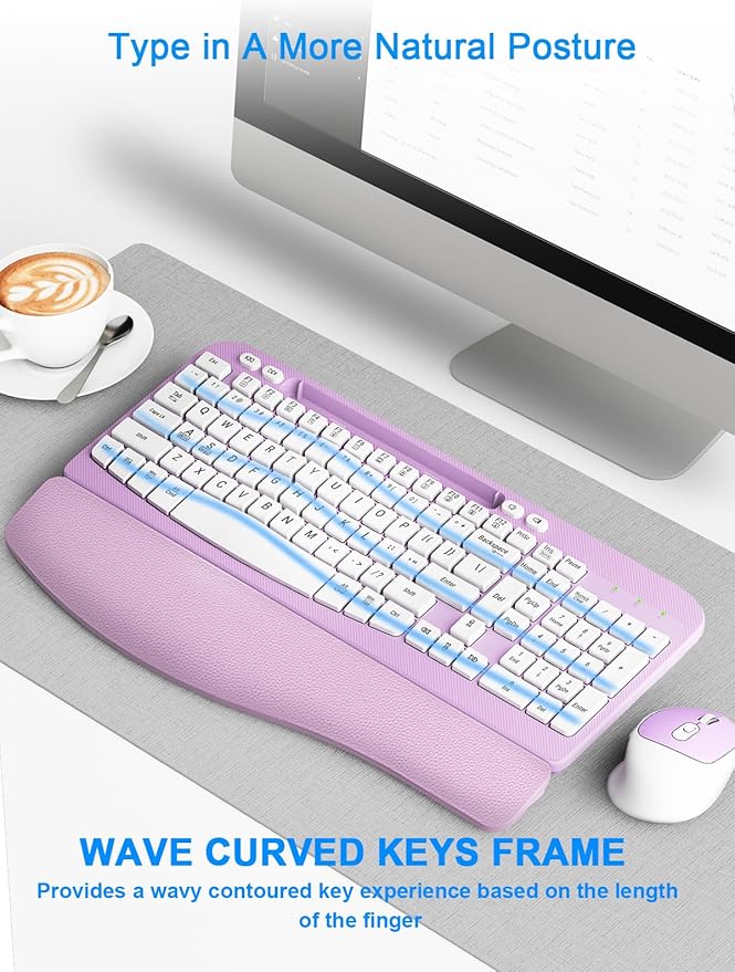 Wireless Keyboard and Mouse Combo, Wave Keys Computer Ergonomic Keyboard with Cushioned Plam Rest, Phone Holder, 2.4GHz Silent 6 Button Wireless Mouse Set for Laptop, PC, Windows, Mac (Purple)