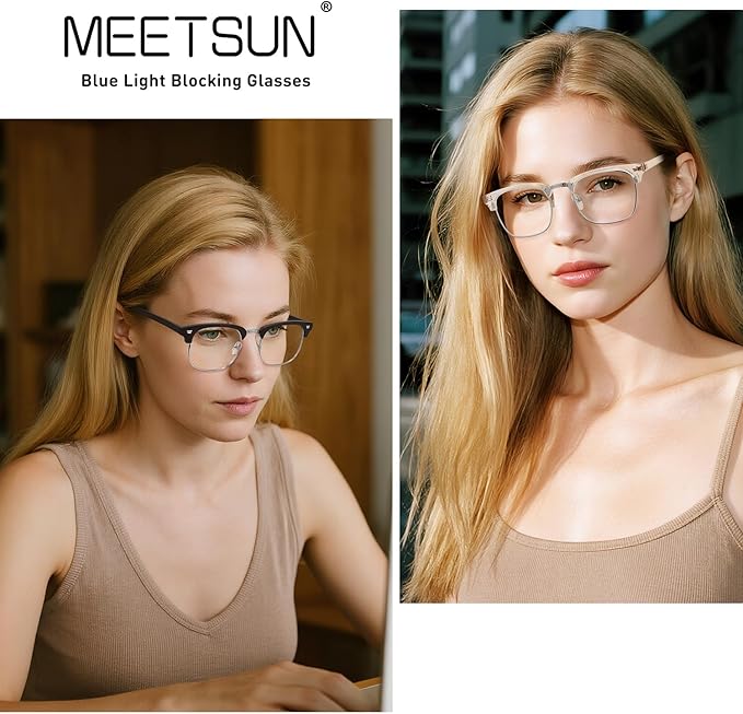 MEETSUN Blue Light Glasses Retro Half Frame Clear Lens - Anti-Eyestrain for Computer, Gaming & Phone Use | Women Men Fashion Glasses(Black Frame+Clear Frame/ 2 PACK)