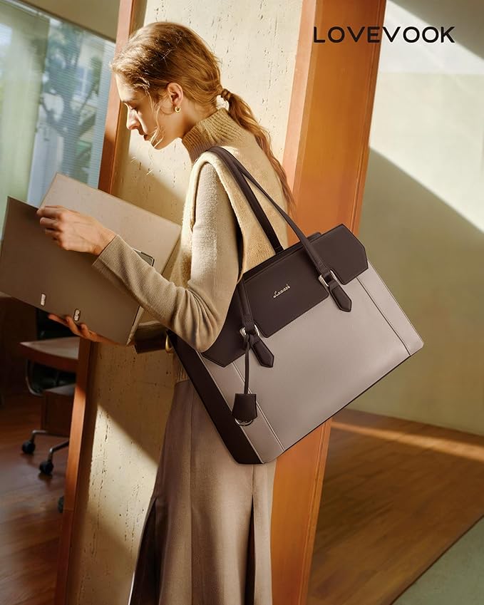 LOVEVOOK Laptop Tote Bag for Women,Computer Work Bag With Large Cup Holder,15.6 Inch Waterproof PU Leather Purse Briefcase for Teacher