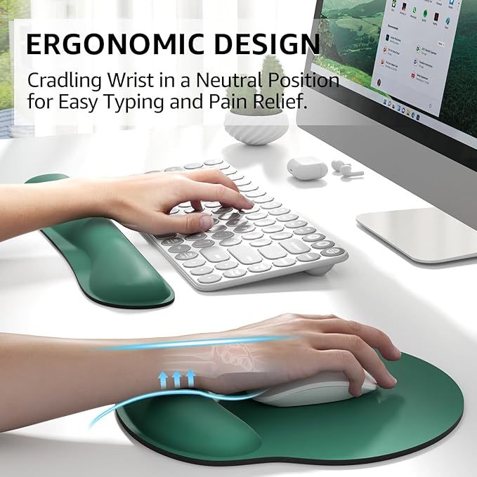 KTRIO Ergonomic Keyboard Wrist Rest and Mouse Pad with Wrist Rest Set, Memory Foam Wrist Support for Typing, Gaming, Office and Home Use, Forest Green