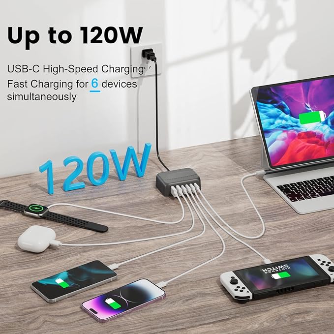 USB Charging Station, Multiports with 4 USB C and 2 QC USB A,Portable PD Fast USB C Wall Charger for iPhone16/15/14/13 Pro Max,iPad,iWatch,Pixel Samsung Galaxy