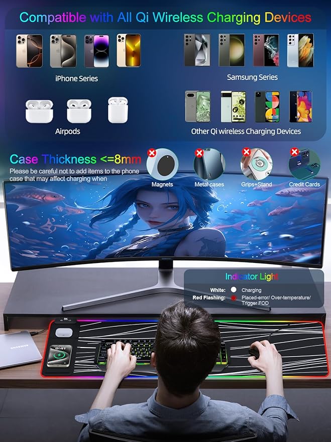 XXL Mouse Pad with Foldable Phone Holder - Black, RGB Desk Mat with 15W Fast Charging, LED Gaming Mousepad with 11 Light Colors, Waterproof Non-Slip Pad (Stand XXL RGB Wavy)