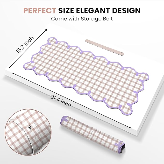 Leather Desk Pad, Desk Mat Mouse Pad, Non-Slip Mousepad Waterproof PU Table Blotter for Computer Laptop Extra Large Keyboard Mat for Women Girl Office Home Dorm, Purple Scalloped + Apricot Checkered