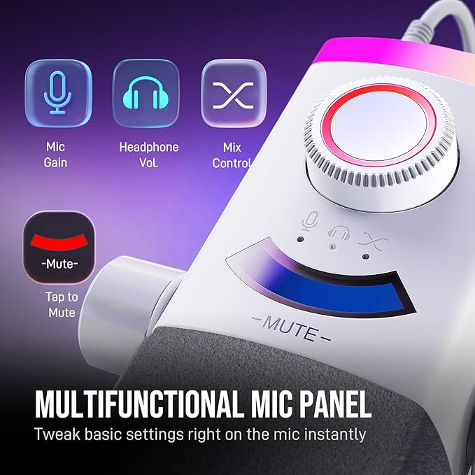 FIFINE Streaming Microphone Kit for Gaming, XLR/USB Dynamic Mic with RGB Boom Arm Stand for Podcast Vocal, PC Microphone with Mute Tap, 3-in-1 Volume Knob, Audio Balance-AmpliGame AM8PROT White