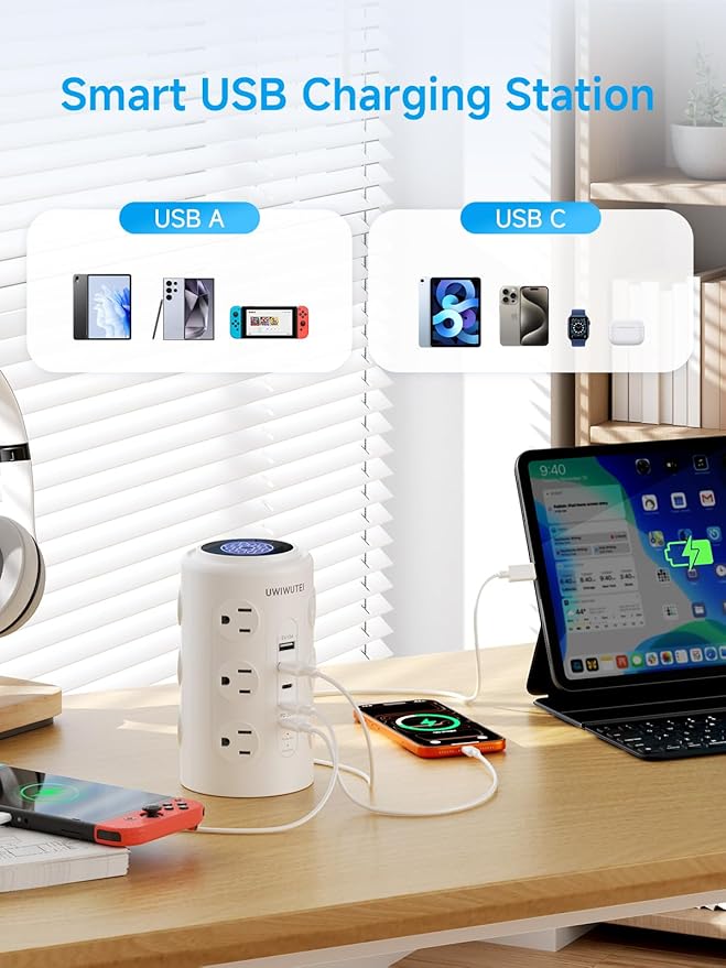 Tower Power Strip with 1 Dedicated PD 20W Fast-Charging Port, 12 Outlets, 5 USB Ports (3 USB-C), 1800J Protector, Desk Charging Station for Multiple Devices, 6FT Extension Cord, Home Office Essentials