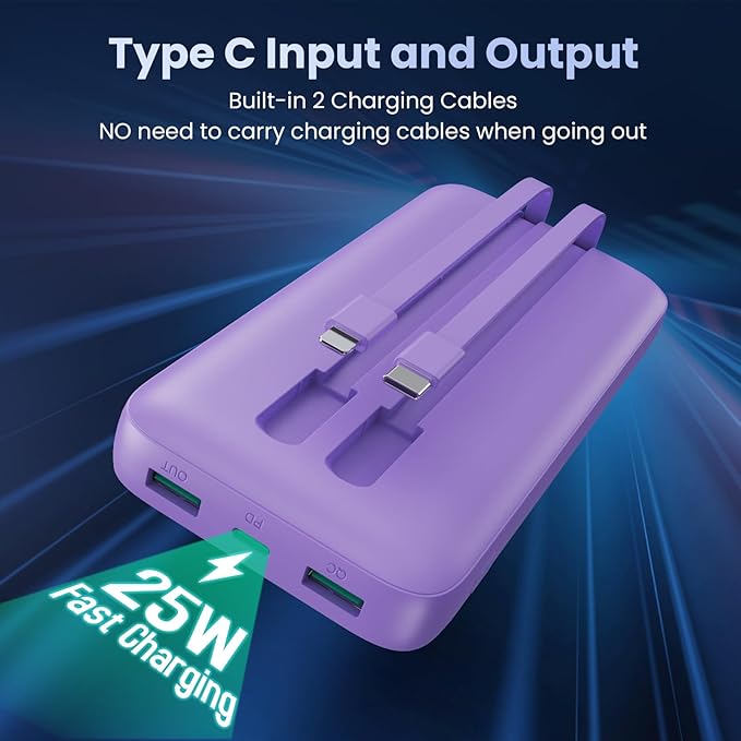 Portable Charger 40800mAh Power Bank with Built-in Cables,PD 25W USB C in&Out Power Bank Fast Phone Charging,QC4.0 5 Output Travel Camping Essential Battery Pack for iPhone 17/16,Samsung etc-Purple