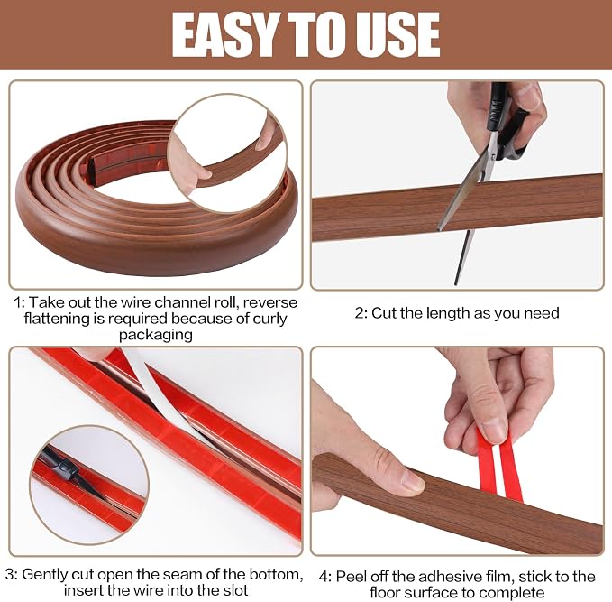 Floor Cord Cover Self Adhesive Cord Hider,10FT Cable Management, Extension Strip Protector for Wires, Prevent Cable Trips for Offices, Gyms, Exhibitions Cavity:0.39"(W) x 0.27"(H) Wood Red Teak - Image 8
