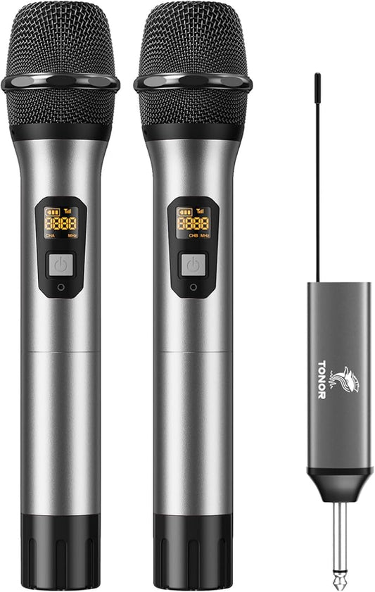 TONOR Wireless Microphones, 60 m/200ft UHF Dual Cordless Metal Dynamic Mic System with Receiver, Microfonos Inalambricos Professional for Karaoke Singing, Wedding, Party, Speech, Church, TW630 Silver