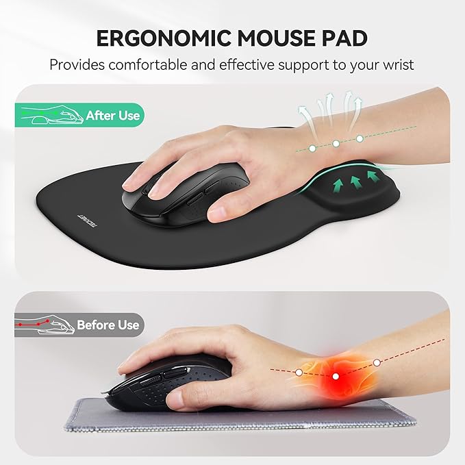 TECKNET 2 Pack Gel Mouse Pad with Wrist Rest, Ergonomic Office Mousepad with Wrist Support - Non-Slip & Smooth Surface Comfortable Desk Accessories Mat for Office, Gaming and Study - Charcoal Black