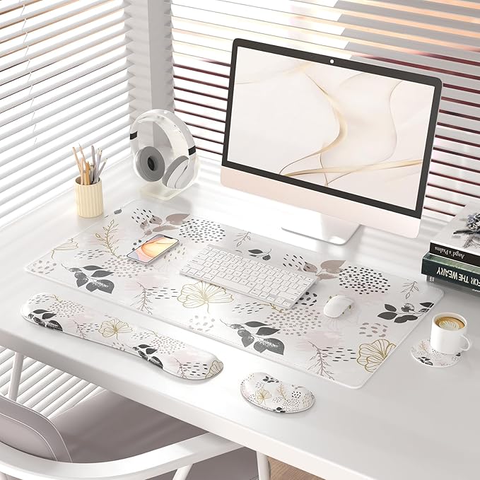 QIYI Leather Desk Mat Set, 4-in-1 Large Mouse Pad with Wrist Rest, Non-Slip Desk Pad + Keyboard Wrist Rest + Mouse Wrist Support + Coaster, Office Desk Accessories Home Decor Supplies, Botanical Leaf
