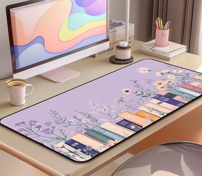 Purple Book Desk Pad Mat XXL, Lavender Flower Large Mousepad, Game Desk Mat, Extended Laptop Keyboard Mats, Cute Desktop Protection Pad, Women's Home Office Desk Decoration 31.5"X15.7"