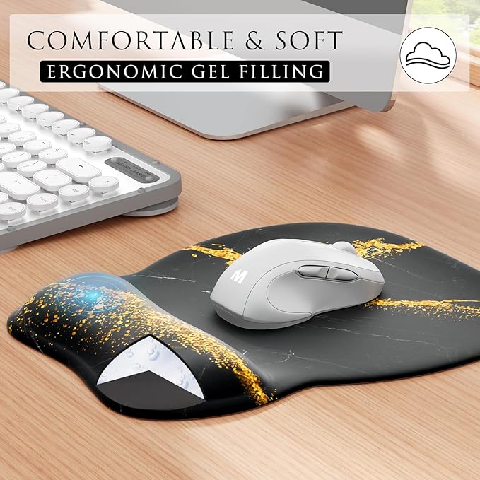 MROCO Ergonomic Mouse Pad with Gel Wrist Rest, Smooth Wrist Support Surface, Non-Slip PU Base for Pain Relief, Comfortable Mousepad for Computer, Laptop, Office & Home, 9.4 x 8.1 in, Black Gold