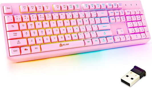 KLIM Chroma Pink Wireless Keyboard – RGB Backlit, Rechargeable Battery, Wireless Keyboard with Water-Resistant Durable Design, Compatible with PC, Mac, PS4, PS5