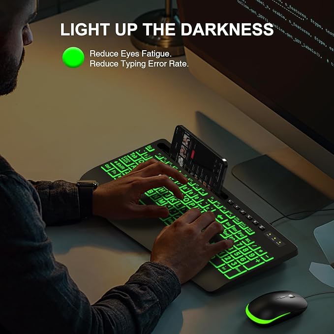 SABLUTE K21 Pro Large Print Backlit Keyboard, Wired USB Computer Keyboards with 7-Colors Backlight, Wrist Rest, Phone Holder, Oversized Letter Keys Easy to See and Type for Laptop, PC, Windows, Black