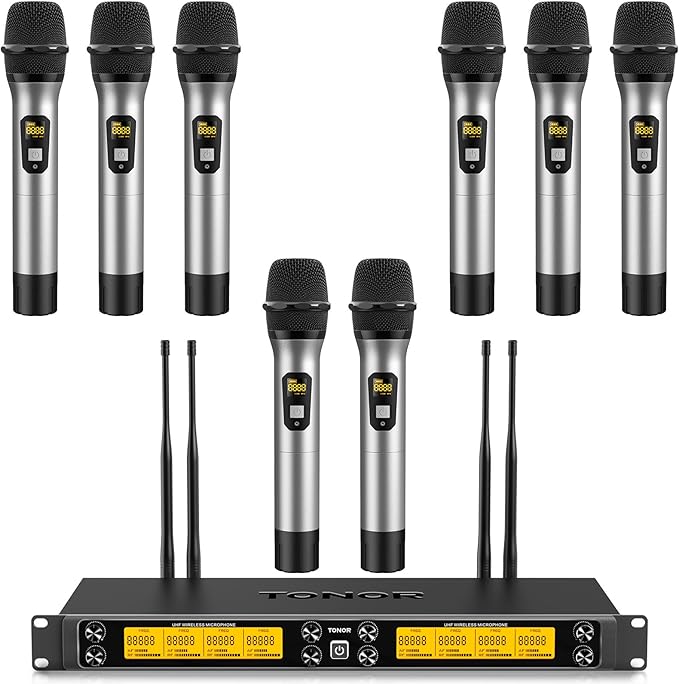 TONOR Wireless Microphones System, 8 * 12 Channel Metal Professional UHF Cordless Dynamic Handheld Mics with Receiver for Home Karaoke, Meeting, Party, Church, Wedding, KTV, 90 m/295ft, TW-880 Silver