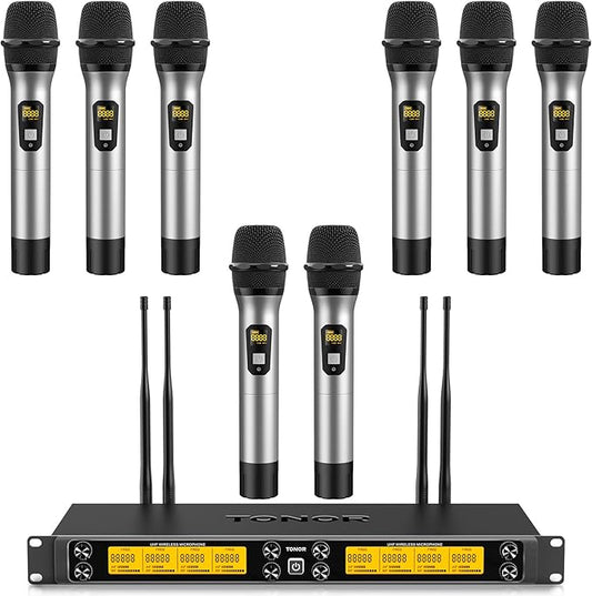 TONOR Wireless Microphones System, 8 * 12 Channel Metal Professional UHF Cordless Dynamic Handheld Mics with Receiver for Home Karaoke, Meeting, Party, Church, Wedding, KTV, 90 m/295ft, TW-880 Silver