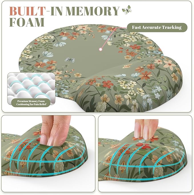 iCasso Desk Mat Set,Large Mouse Pad with Wrist Rest,Ergonomic Keyboard Wrist Support for Women,Girly Floral Computer Mat with Scalloped Edges,Non-Slip Desk Pad Home Office Gaming (Green)