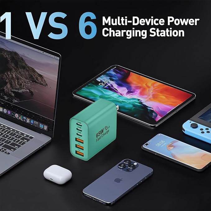USB C Charger Block,65W 6-Port USBC Charging Block,Wall Charger iPhone Charger Fast Charging,Multiport Type C PD+QC Power Plug for All iPhone 17 16 15 iPad Samsung S23 S24 iWatch Pixel Series (Green)