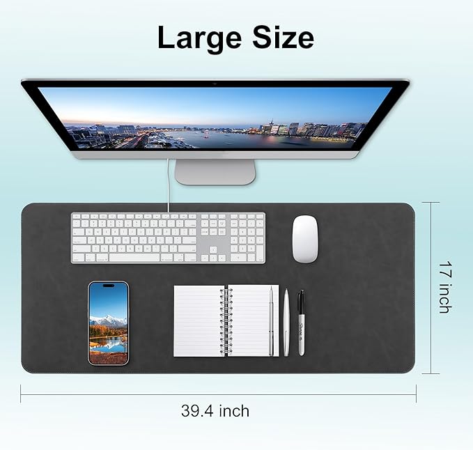 Leather Desk Pad Protector, Office Desk Mat, Large Laptop Mouse Pad, PU Non-Slip Desk Blotter, Waterproof Writing Pad, Computer Keyboard Mat for Desktop 39.4 x 17 inch (Black)