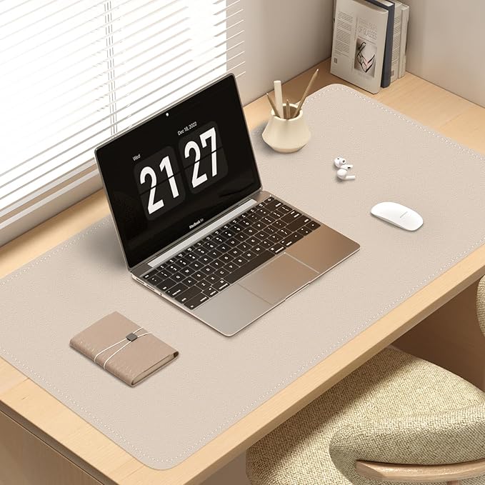 Bleswin Double-Sided Desk Mat, 23.6''×13.8'', PU Leather Mouse Pad, Waterproof Desk Pad, Laptop Leather Desk Mat, Protector for Keyboard and Mouse for Office and Home (Beige+Orange)