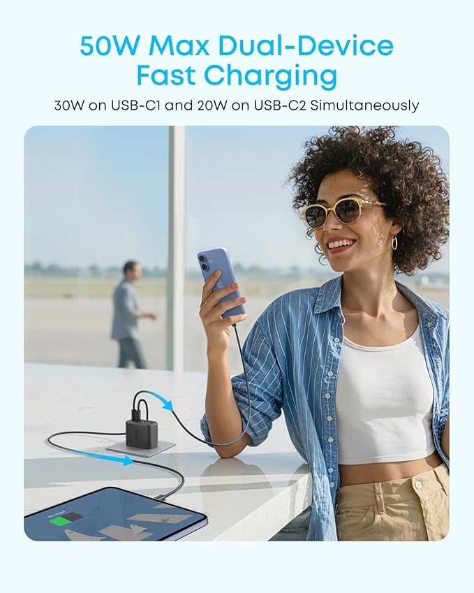 Anker Zolo USB C Charger Block, 2-Pack 4-Port Wall Adapter with 50W Max Output, 2 USB-C and 2 USB-A, Compact and Stable Design, for iPhone 17/16 Series, MacBook, iPad, Pixel, Galaxy, and More (Black)