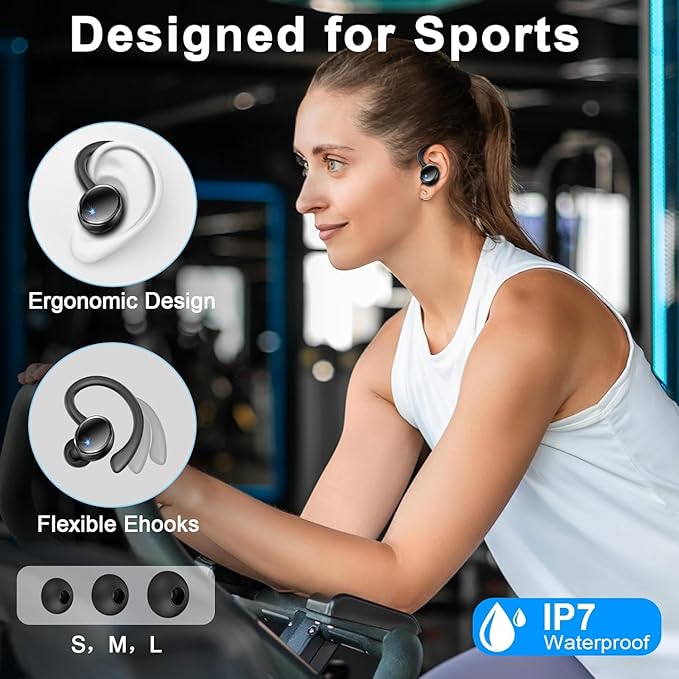 Wireless Earbuds, Bluetooth 5.4 Headphones Sport, 50H Deep Bass Sound Over Ear Buds with 4 ENC Noise Cancelling Mic, Dual LED Display, IP7 Waterproof Earphones with Earhook for Workout/Running/Gym