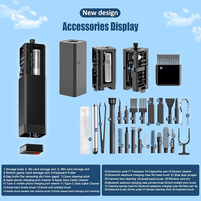 Keyboard Cleaning Kit Laptop Cleaner, 32-in-1 Computer Screen Cleaning Brush Tool, Multi-Function PC Electronic Cleaner Kit for iPad iPhone Pro, Earbuds, Camera Monitor(Black) - Image 5