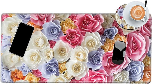 XL Mouse Pad Gaming Desk Mat for Desktop Extended Mousepad Pink Rose Desk Pad 24x12 Computer Mat Large Mouse Pads for Wireless Mouse Office Laptop Accessories Gift