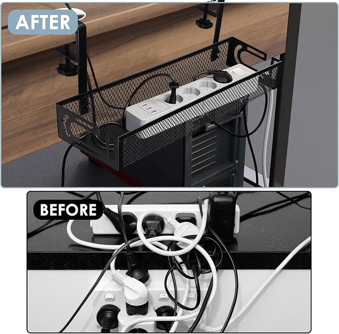 Cable Management, 2 Pack Cable Management Under Desk No Drill, Metal Cord Organizer with Clamp for Standing Desk, Cable Organizer for Home Office, Black - Image 6