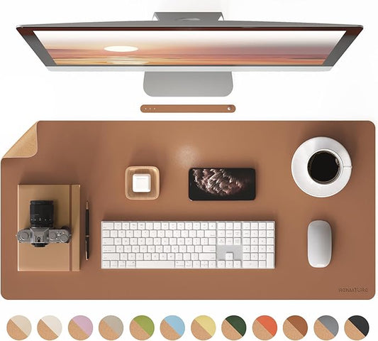 RENMTURE Desk Pad, Cork & PU Leather Desk Mat, Large Mouse pad, Non-Slip Desk Protector and Blotter, Waterproof Writing Pad, Desk Accessories and Organizers for Home Office (Brown, 36"x17")