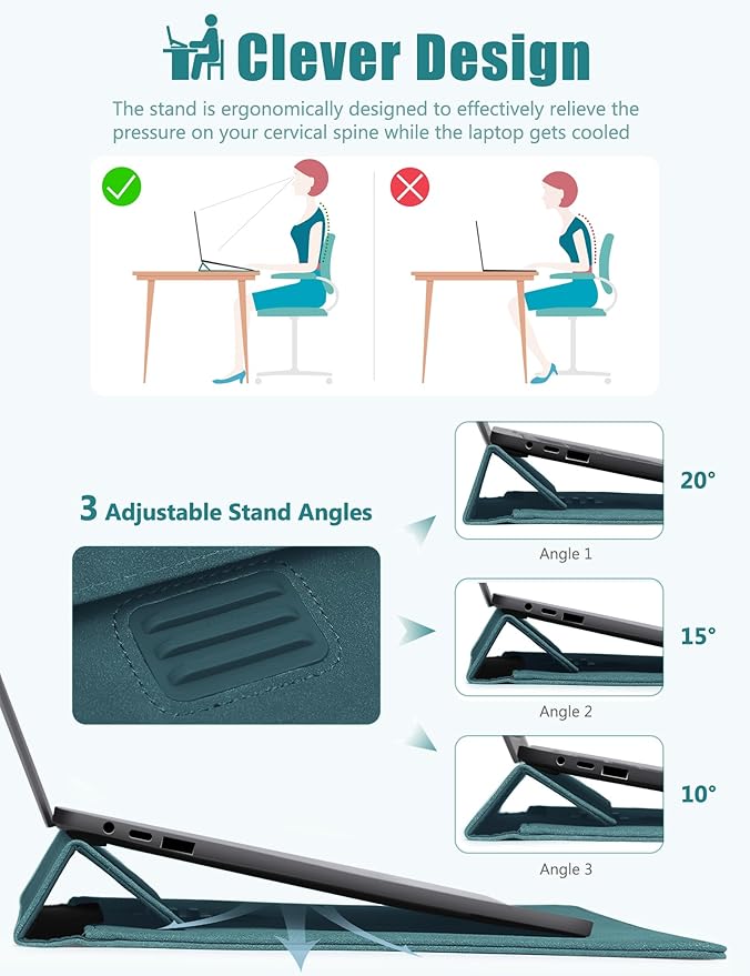 HYZUO 13.3-14 Inch Laptop Sleeve Case Bag with Adjustable Stand for MacBook Pro 14 M5/M4/M3/M2/M1 Pro/Max A3426 A3427 2026-2021, MacBook Air/Pro 13.3, 13.8-13.5 Surface Laptop, Dark Green
