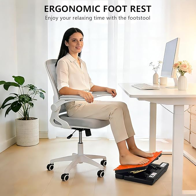 Footrest for Under Desk at Work, Height Adjustable Foot Rest with Reflexology Pad, Foldable Ergonomic Foot Stool for Muscle Tension Relief, Suitable for Office, Home & All-Season Use(Orange)