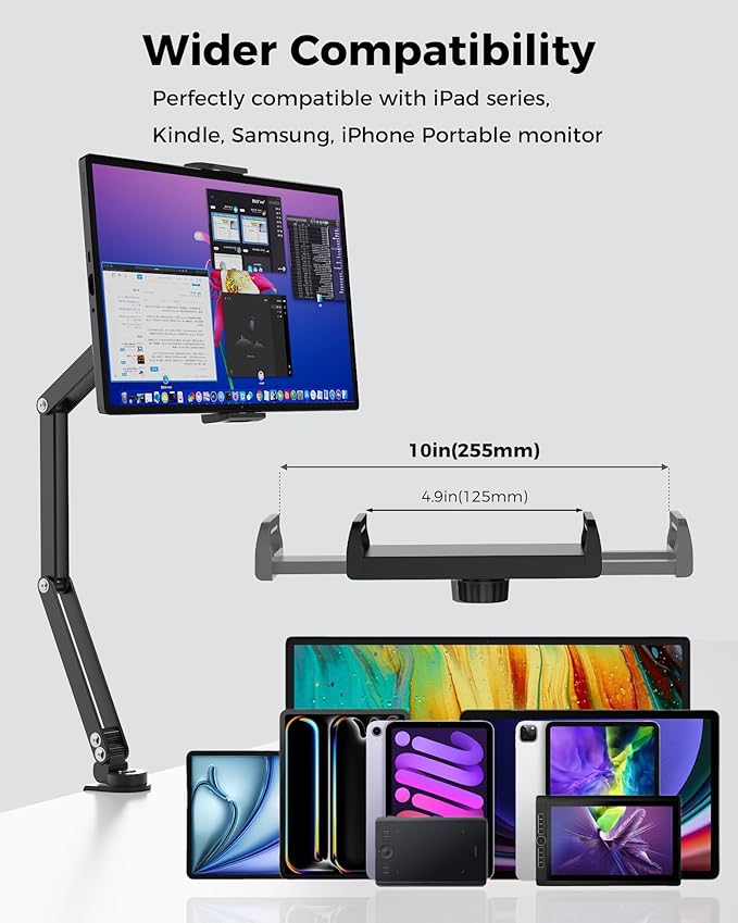 Foldable Flexible Tablet Stand Holder for Desk, 360° Adjustable iPad Arm Mount, Portable Monitor 15.6 Stand, Premium Phone Holder Compatible with iPad 13/12.9/11 Mini/10/9th, Samsung, Kindle