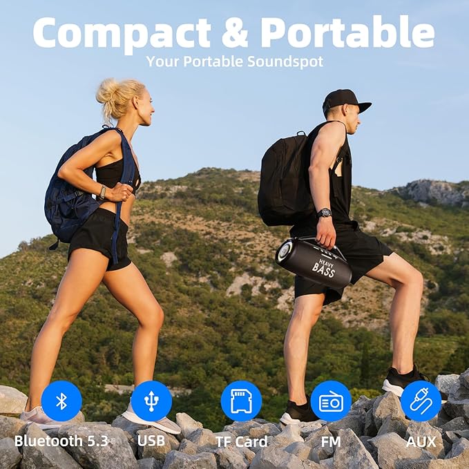 HEAVY BASS Speakers Bluetooth Wireless, 80W Max Loud Portable Speaker with Bass, 20H Playtime, IPX6 Waterproof, Dual Pairing, Gift Ideal for Adults Men Women Teen Boys Girls (Black, Large)