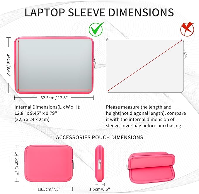 RAINYEAR Laptop Sleeve Case Compatible with 13.3 Inch Notebook Computer Tablet Chromebook 14" MacBook Pro/Max M1 M2 M3 M4 M5 Soft Carrying Bag Protective Cover with Accessories Pouch (Bright Pink)