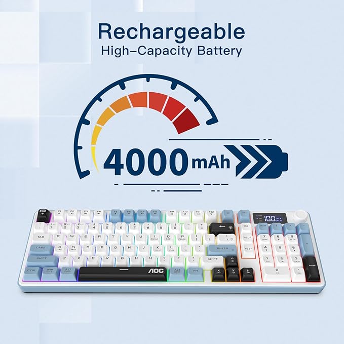 AOC GK210 Wireless Gaming Keyboard with Display & Knob, Tri-Mode BT5.0/2.4GHz/Wired Connectivity RGB Backlit Keyboard with Number Pad, 98-Key Layout, 26-Key Anti-Ghosting, Compatible for Mac, Windows