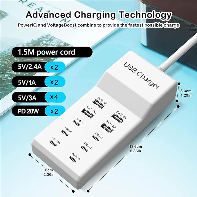 sccvee USB C Charging Station,10 Ports USB C Charger Dock Desktop 100W Multi Port with PD Fast Charger, Compatible with iPhone 14/13/12/11/Samsung S23/S22/S21/Tablet/Watch/Headphones