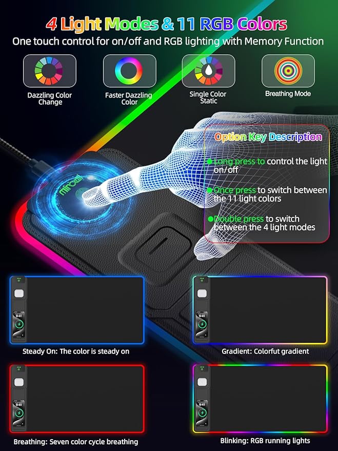 Mouse Pad with Adjustable Phone Stand Dual Wireless Charger, 15W Fast Charging Desk Mat, Extra Large 31.5x15.75 Waterproof Desk Pad for iPhone Samsung Air-Pods, Gaming Mousepad w/ 11&4 RGB