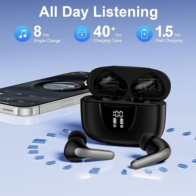 Wireless Earbuds Bluetooth 5.3 Headphones,Noise Cancelling EarBuds with Deep Bass 60H Playback Stereo Ear Buds with Mic LED Display Charging Case IPX7 Waterproof in Ear Earphone for Phone Laptop Sport