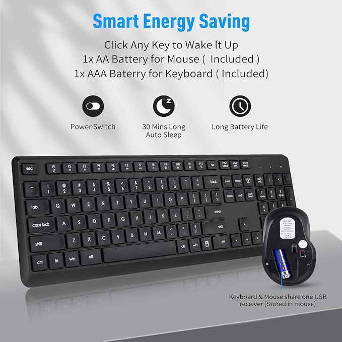 HUO JI Silent Wireless Keyboard and Mouse Combo, 2.4G Full-Size Thin Computer Keyboard Set, Quiet and Soft Ergonomic Wireless Keyboard Mouse for Windows, Laptop/PC/PS/Mac Desktop, Black