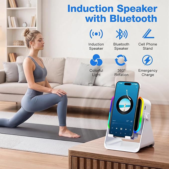 TARKARI Wireless Induction Speaker, 5 in 1 Bluetooth Speaker with Cell Phone Stand, HD Stereo Sound Compatible with iPhone iPad Android Tablet, Birthday Gifts for Women Men Him