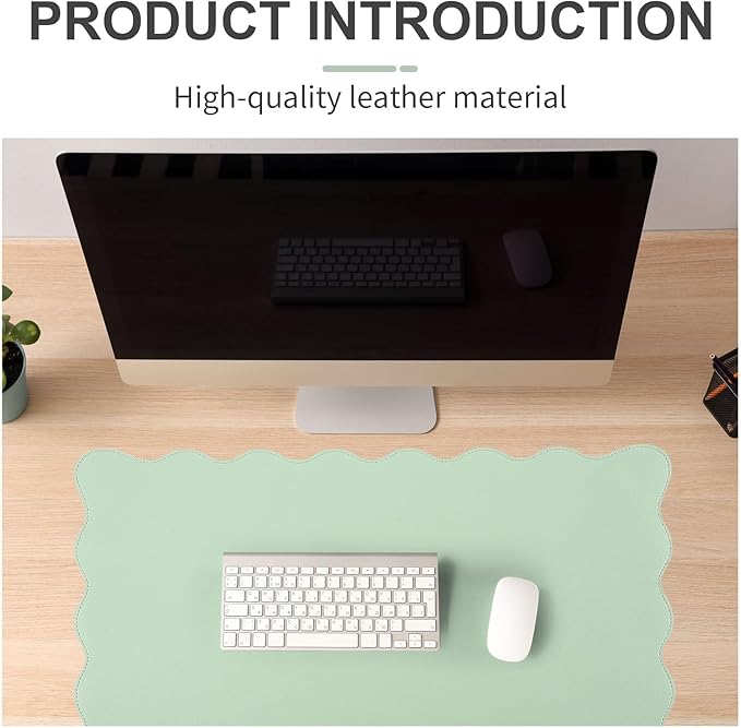 Scalloped Desk Mat Leather Desk Pad Protector Non-Slip PU Leather Table Protector Waterproof Mouse Pad Keyboard Mat Curly Mousepad PC Accessories Gift for Office Home (Sage Green)