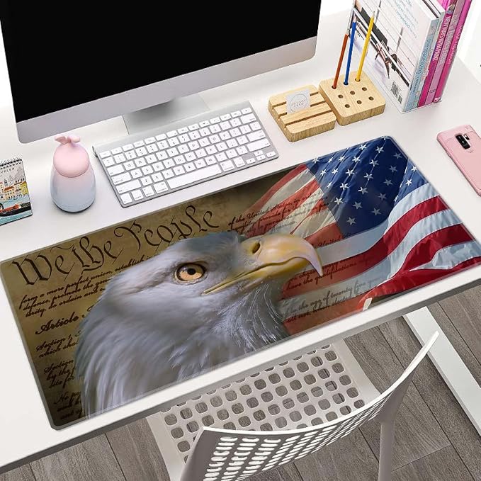 Large Mouse Pad, Desk Mat, Gaming Mouse Pad, Bald Eagle on American Flag Mouse Pad for Desk, Desk Pad for Keyboard Mice, Desk Mat for Desktop, Extended Long Mousepad Thin, 31.5 x 11.8 Inch
