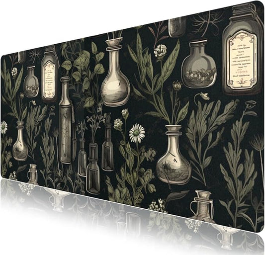 Dark Academia Desk Matt for Desktop, Mouse Pad Mat, Desk Mat for Keyboard and Mouse, Large Mouse Pad for Desk, Anti-Slip Big Mousepad with Stitched Edges, Mouse Mat for Computer, Mystical Green Plant