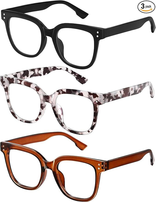 Oversized Blue Light Blocking Glasses for Women & Men - 3 Pack Fashion Computer Eyewear with Anti-Glare & UV400 Protection for Eye Strain Relief, Sleep Support & Daily Office Use